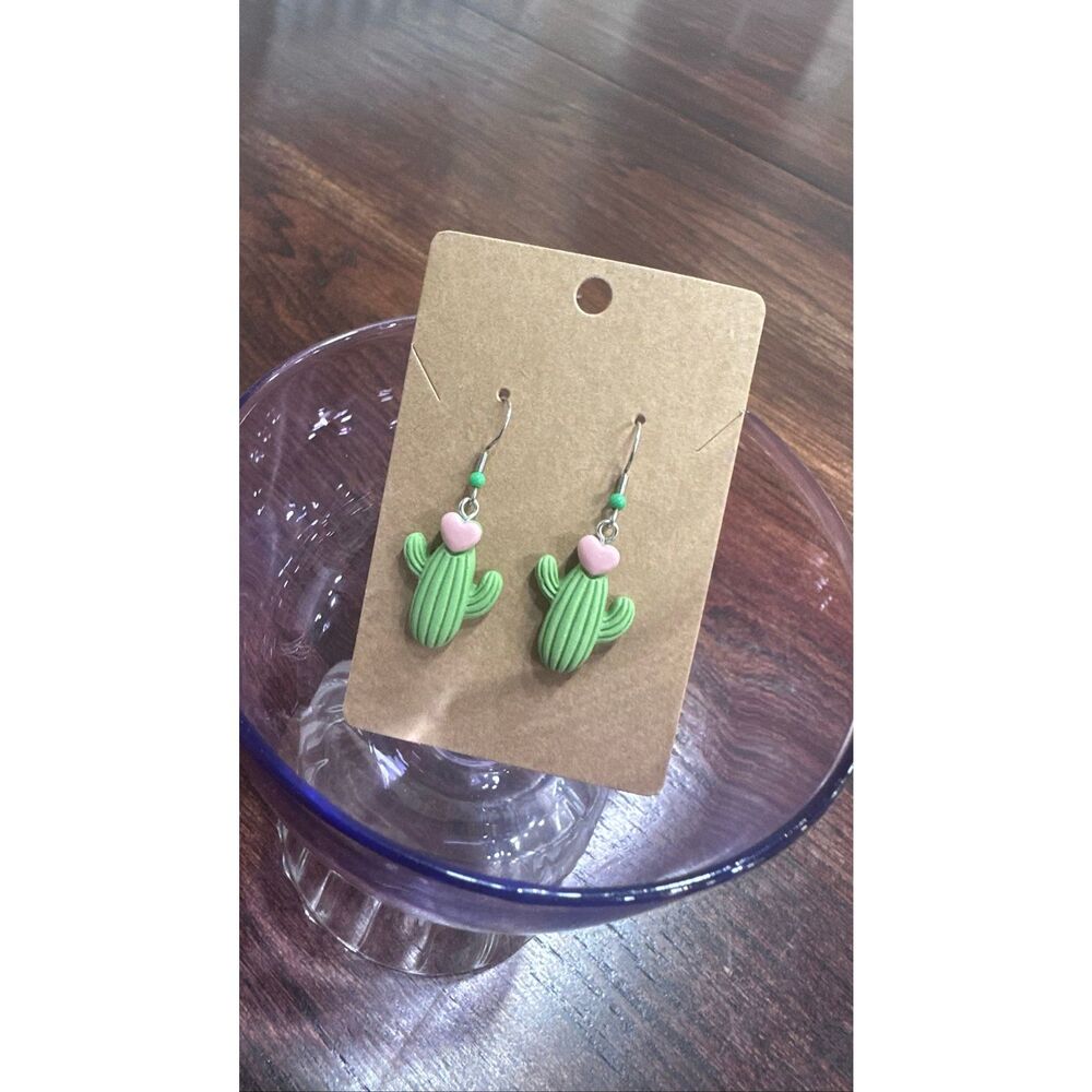 Cactus Succulent Love Dangle Drop Green & Pink Earrings